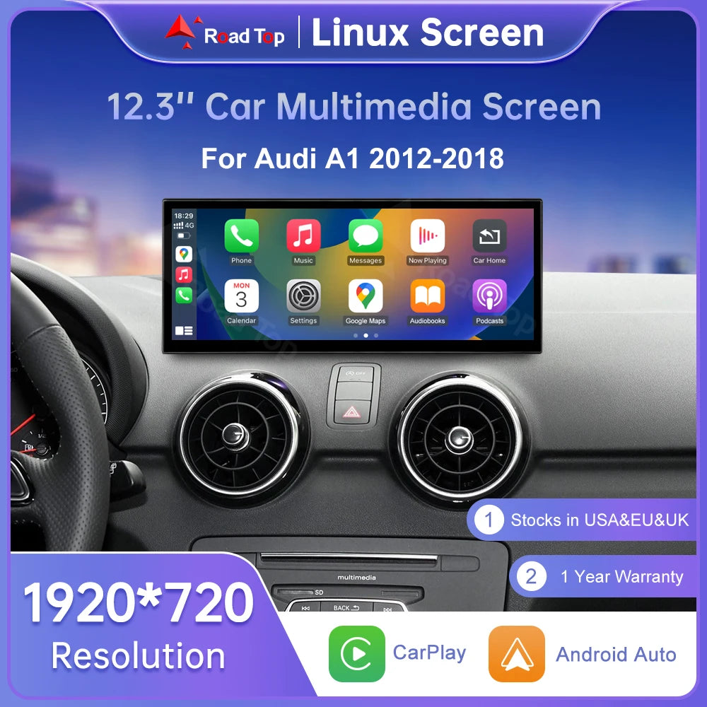 Road Top 12.3" Touch Screen For Audi A1 2012-2018 with Wireless CarPlay Android Auto Airpl | AUTOKITSHOP