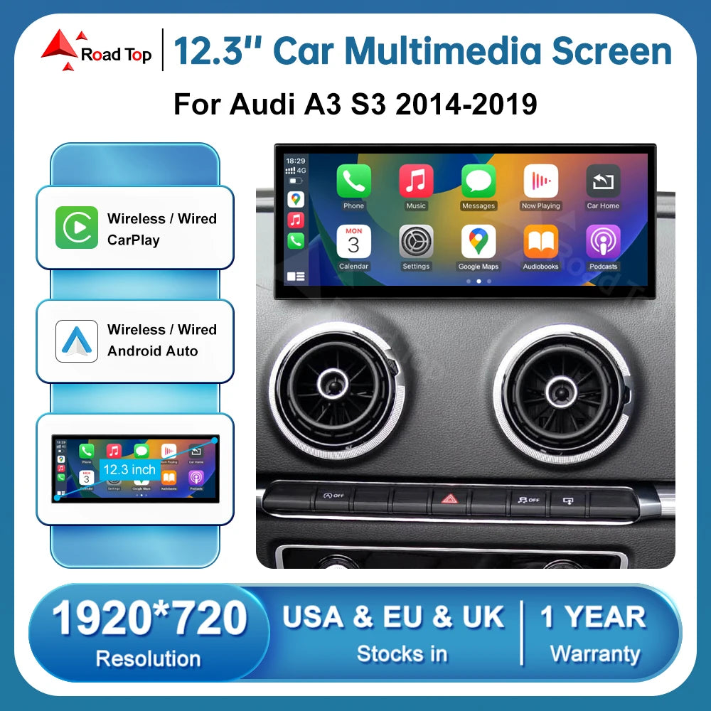 12.3'' Linux Touch Screen Car Multimedia Display For Audi A3 S3 2014-2019 With Wireless Ca | AUTOKITSHOP