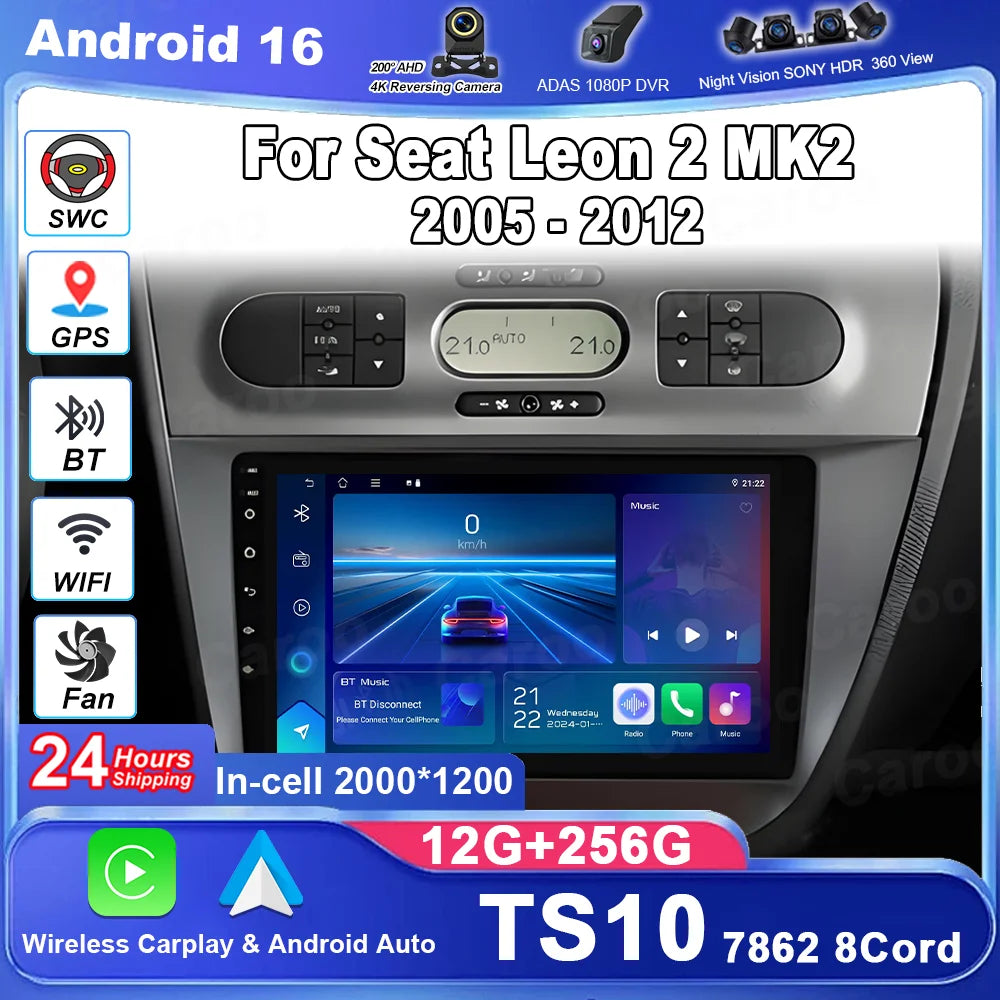 Android 16 Wireless Carplay Car Radio For Seat Leon 2 MK2 2005 2006 2007 2008-2012 Navigat