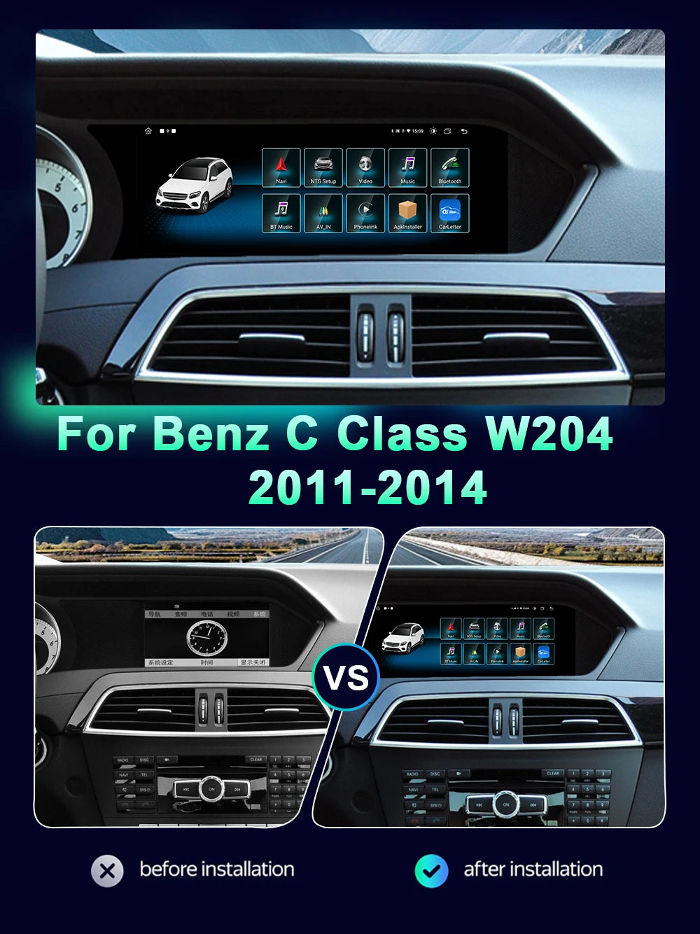 8.8inch Android 14 Auto Radio For Mercedes Benz C Class W204 S204 2011 -2014 Car Multimedi