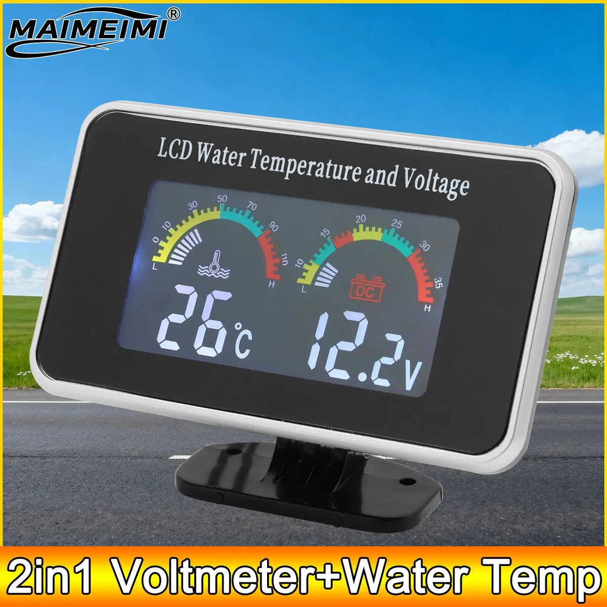 12V 24V Digital LCD Voltmeter Water Temperature Gauge + Water Temperature Sensor 10mm 1/8NPT 2in - Automotive LED Light