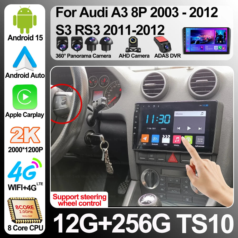 Android 16 Carplay Auto Car Radio For Audi A3 8p 2003 - 2012 S3 Rs3 2011-2012 Audio Stereo | AUTOKITSHOP