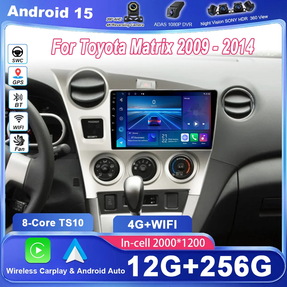 Android 15 For Toyota Matrix 2009-2014 Auto Radio Stereo carplay Multimidia Video Navigati