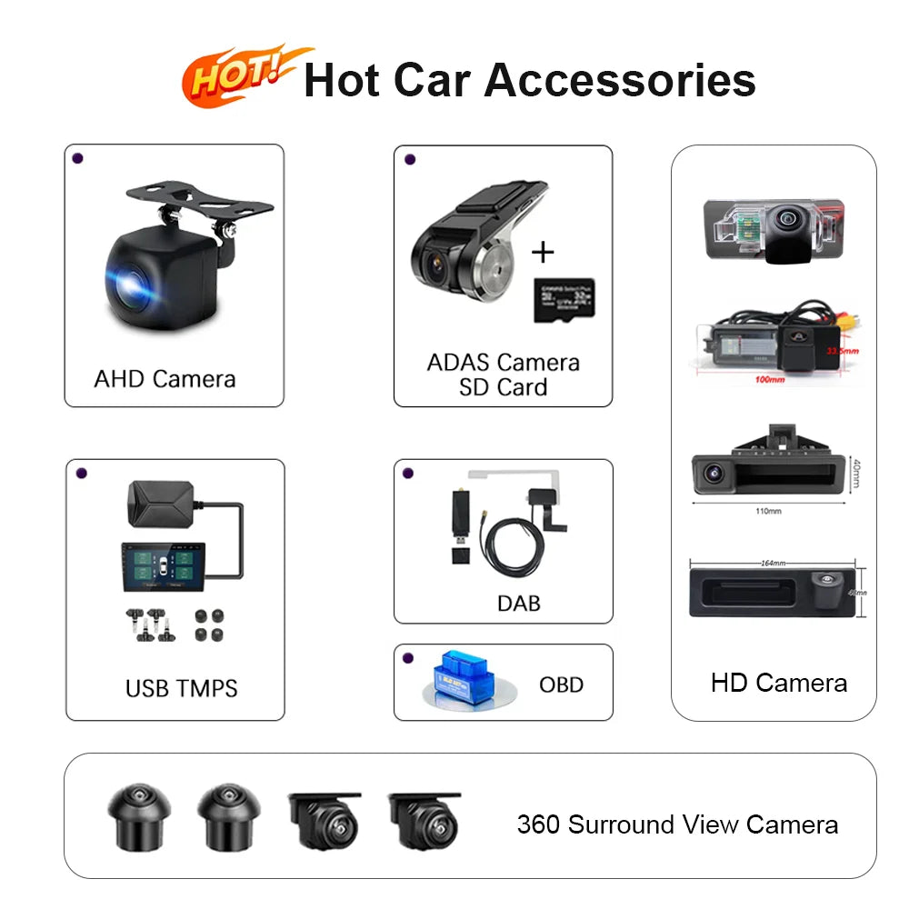 Android Car Radio Accessories Auto Tools AHD HD 360 Camera OBD DAB ADAS DVR SD Card