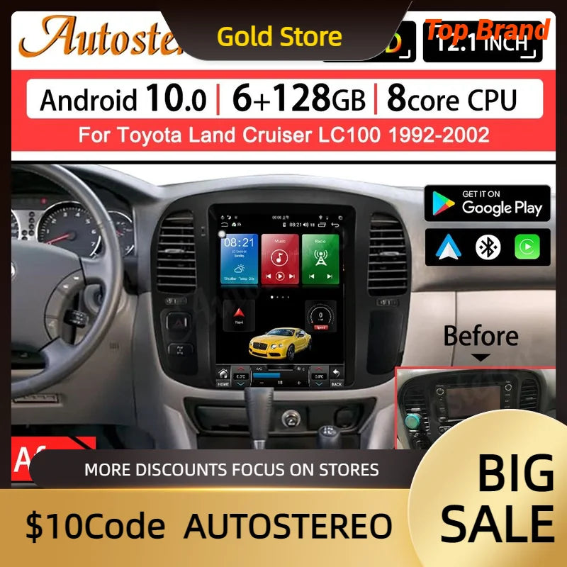 For Toyota Land Cruiser LC100 1992-2002 Android 13 Carplay Auto Stereo Tesla Style Car GPS