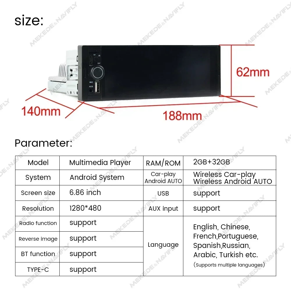 Android Universal 1din Car Multimedia Player 6.86inch HD Touch Screen FM Radio Support Wir | AUTOKITSHOP