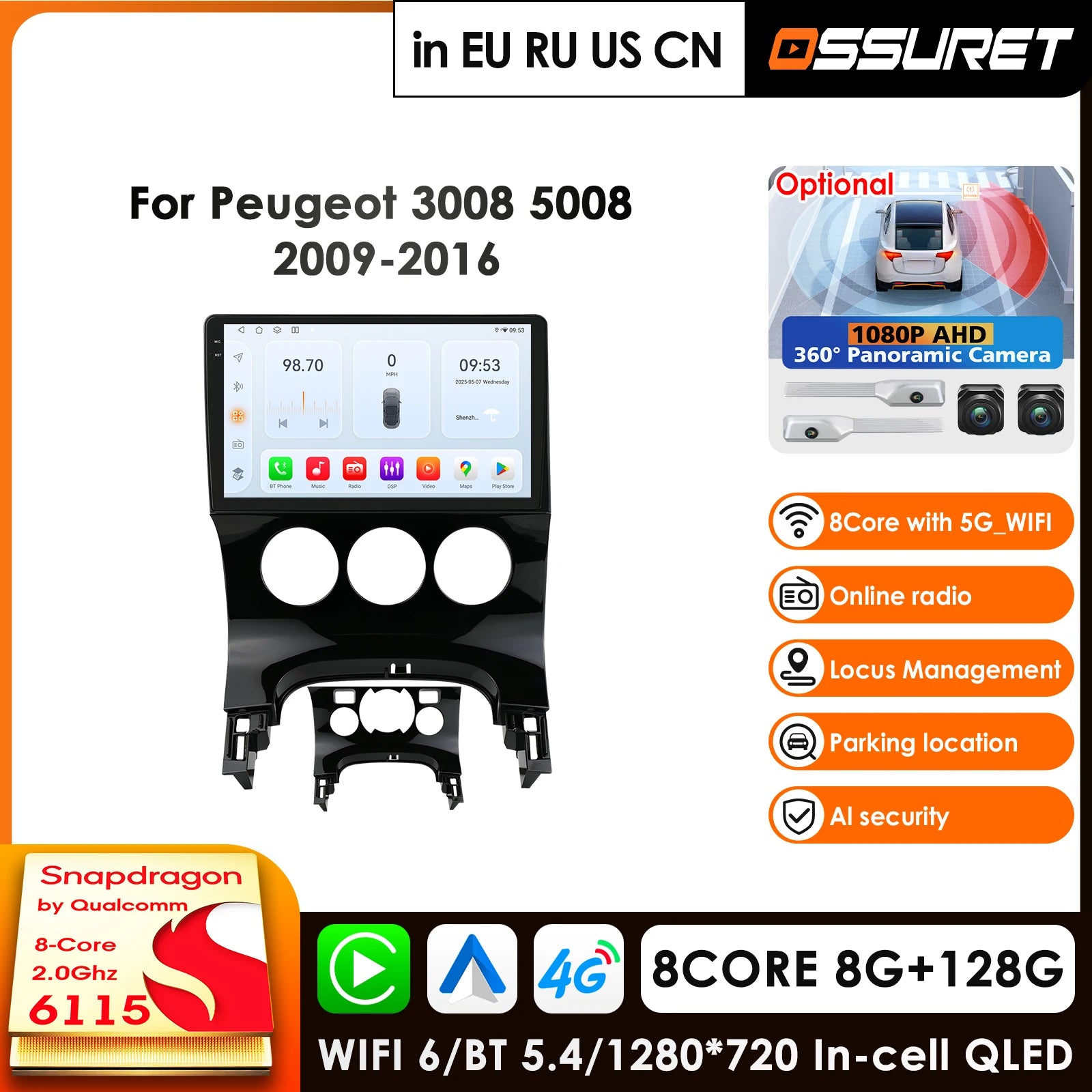 9" Car Radio GPS for Peugeot 3008 2009-2016 - Android 14 Carplay 4G LTE 2 Din QLED Screen 360° Camera Head Unit