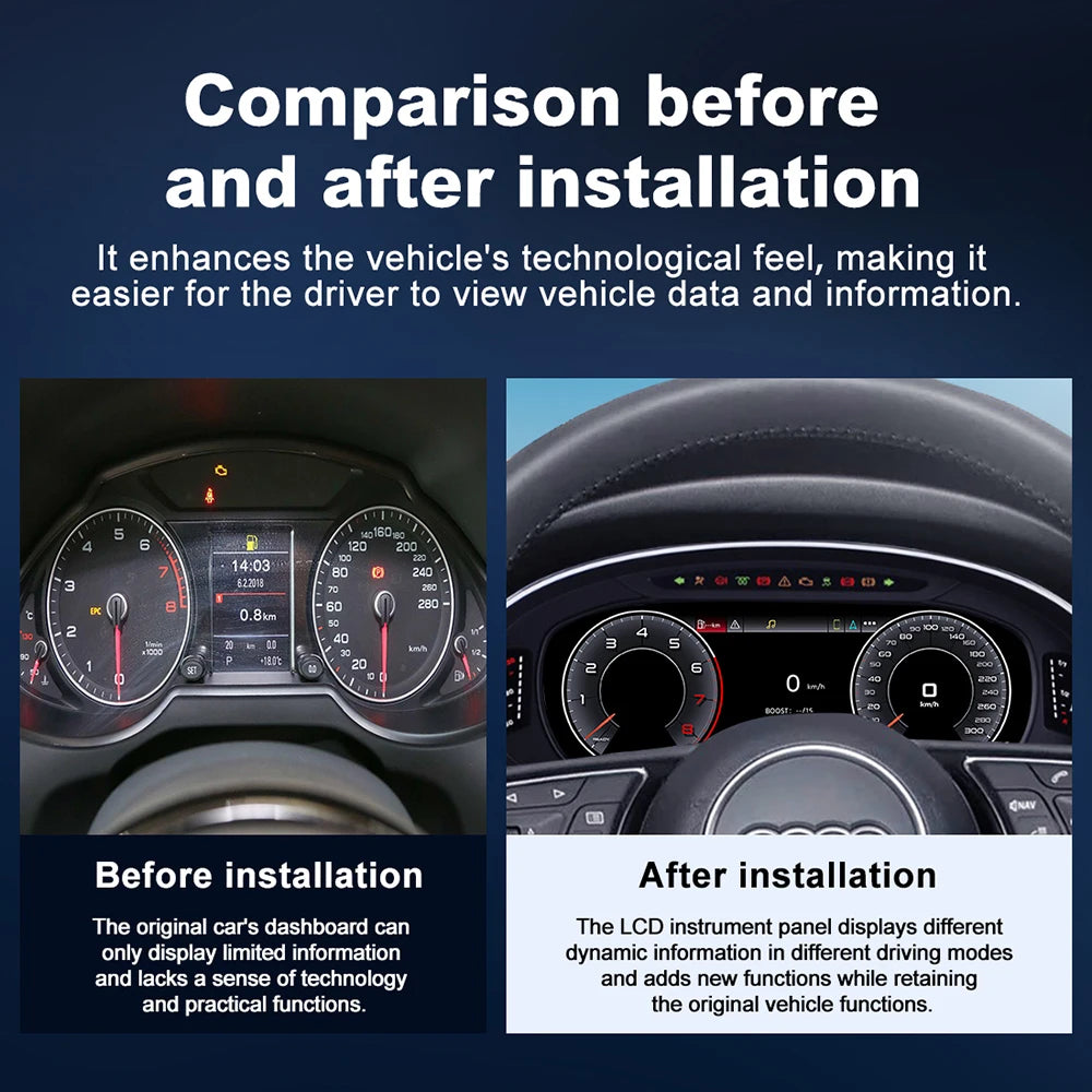 12.3" Car Digital Instrument Panel Odometer Speedometer Virtual Cluster for 2014-2022 Audi A3 - CarPlay Android Auto Hic