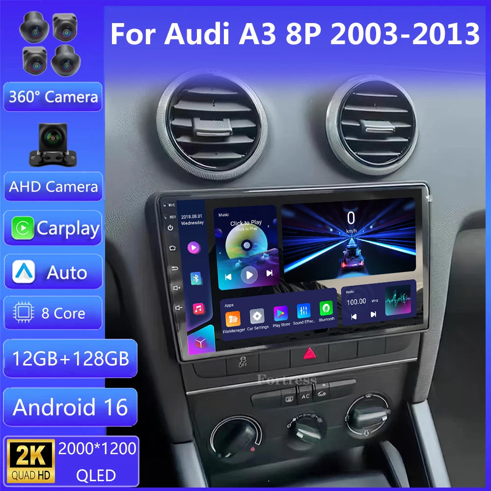 Android 16 Carplay Auto Car Radio For Audi A3 8P 2003-2013 2din Multimedia Player GPS Navi