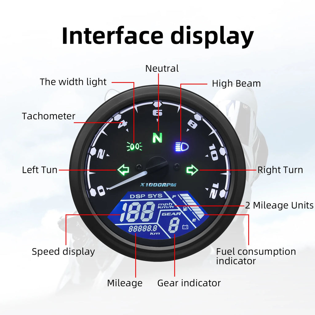 0~12000RPM Universal Motorcycle Speedometer Dashboard Panel Digital LCD Display Speed MPH km/h T - Automotive LED Light