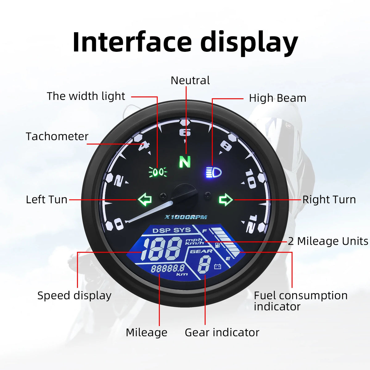0~12000RPM Universal Motorcycle Speedometer Dashboard Panel Digital LCD Display Speed MPH km/h T - Automotive LED Light