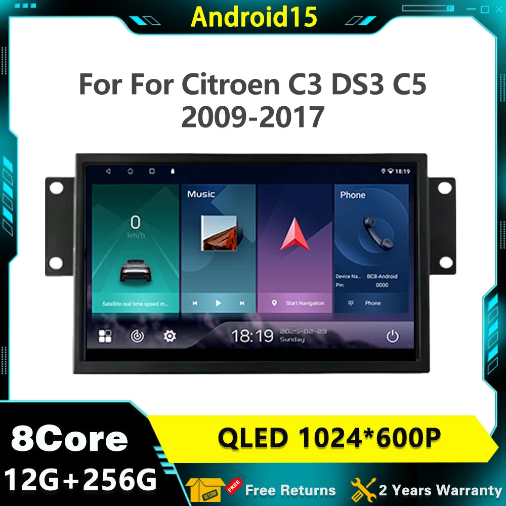 7" Auto Radio GPS Navigation For Citroen C3 DS3 C5 2009-2017 Carplay Android 15 Radio Ster