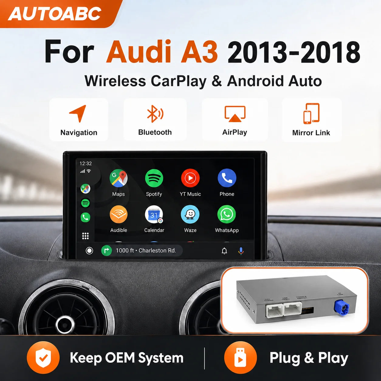 AUTOABC Wireless CarPlay Retrofit Kits For Audi A3 8v Q2 8P 2012-2018 MIB2 MIB System With