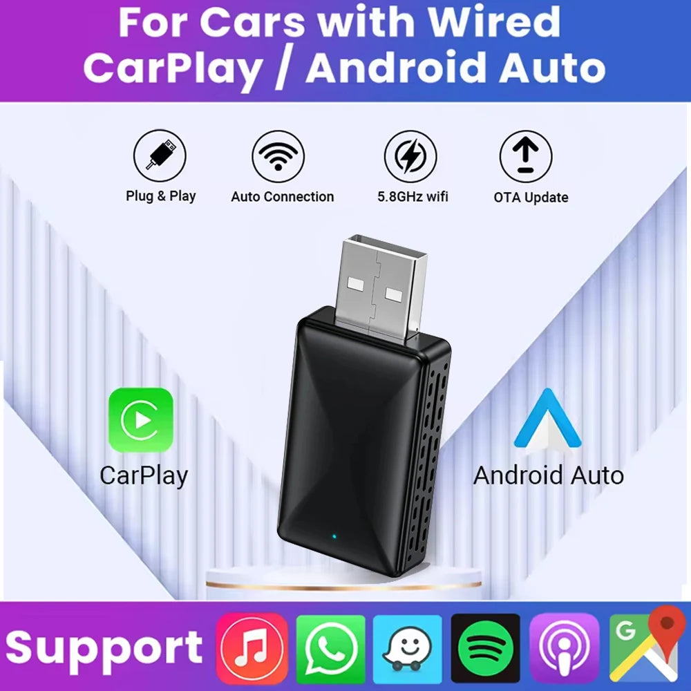 2in1 Wired to Wireless CarPlay Android Auto Adapter for OEM Car Stereo With USB Plug and P