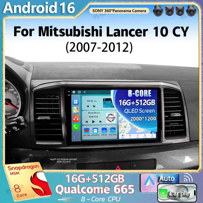 Android 16 2K QLED For Mitsubishi Lancer 10 CY 2007 - 2012 Stereo Car Radio Multimedia Vid
