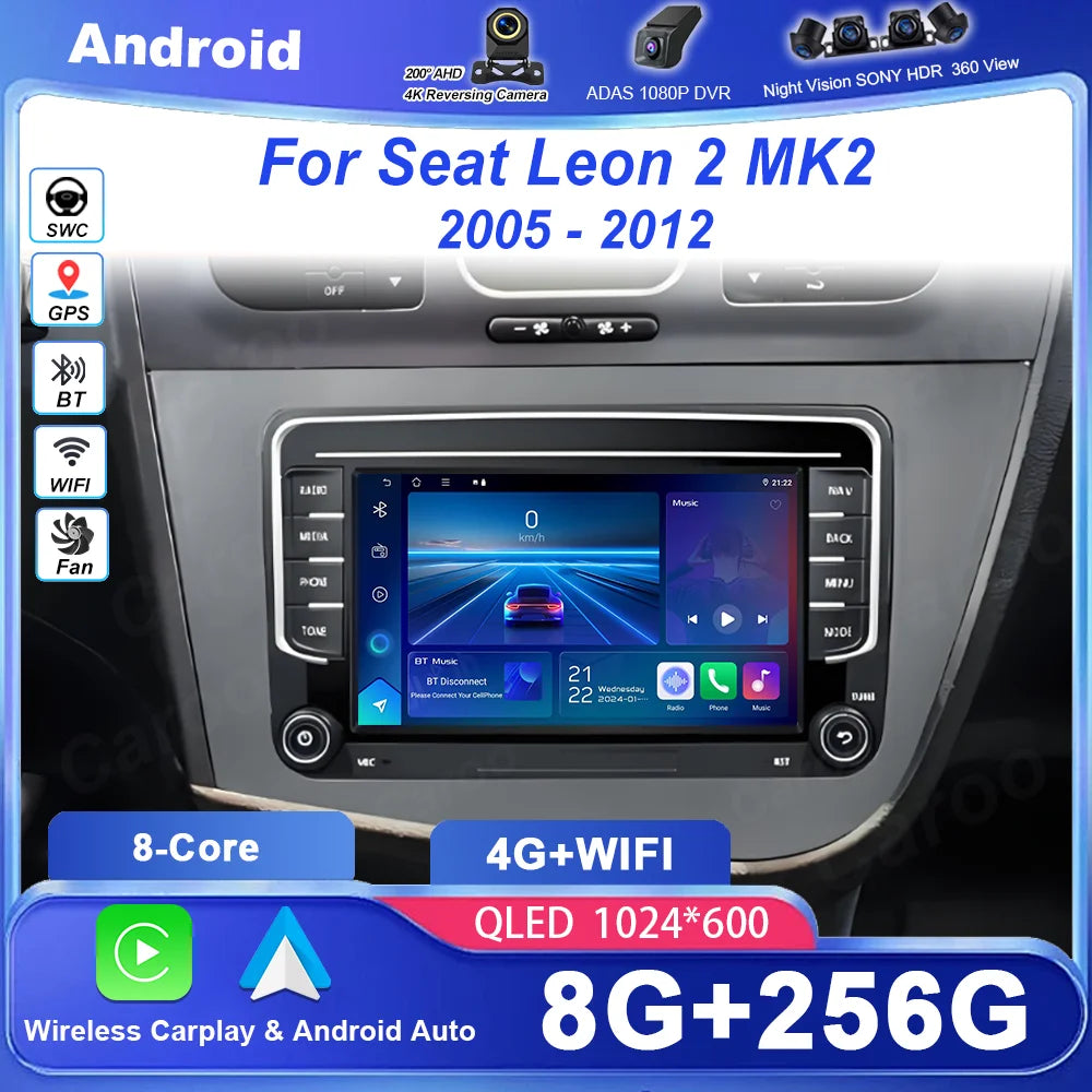 Android 16 Car Radio For Seat Leon 2 MK2 2005 - 2012 LHD Multimedia Player Stereo wireless