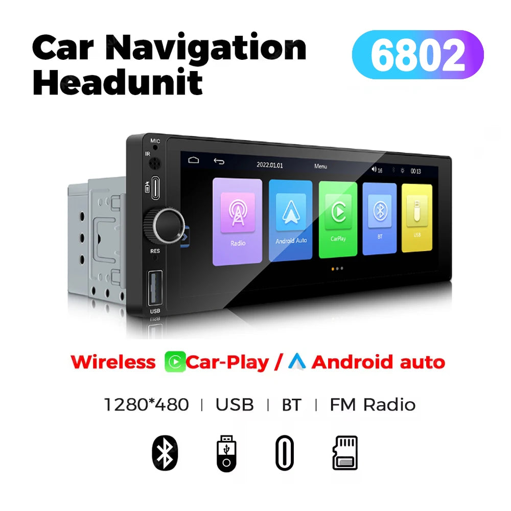 1DIN 6.86inch Universal MP5 Car Radio Support Wireless Carplay Android AUTO AUX USB  BT Touch Screen Multimedia Video Player