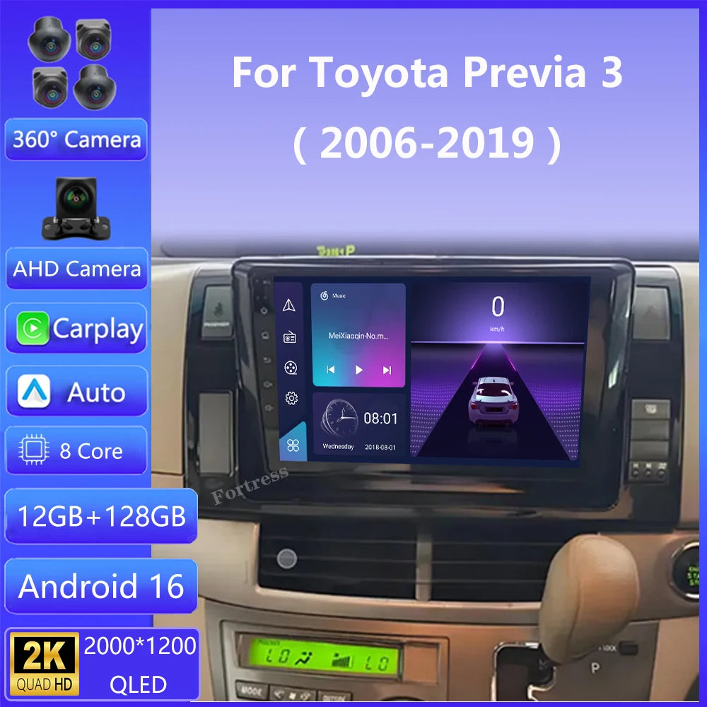 Android 16 Auto Car Radio For Toyota Previa 3 III XR50 Estima 2006 - 2019 Multimedia QLED