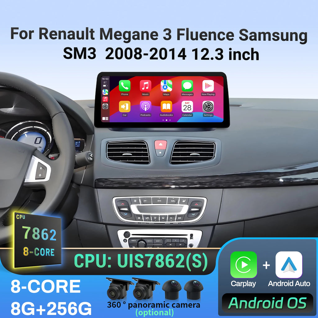 12.3 inch Android 14 For Renault Megane 3 Fluence Samsung SM3 2008 2009 2010-2014 BT Carpl