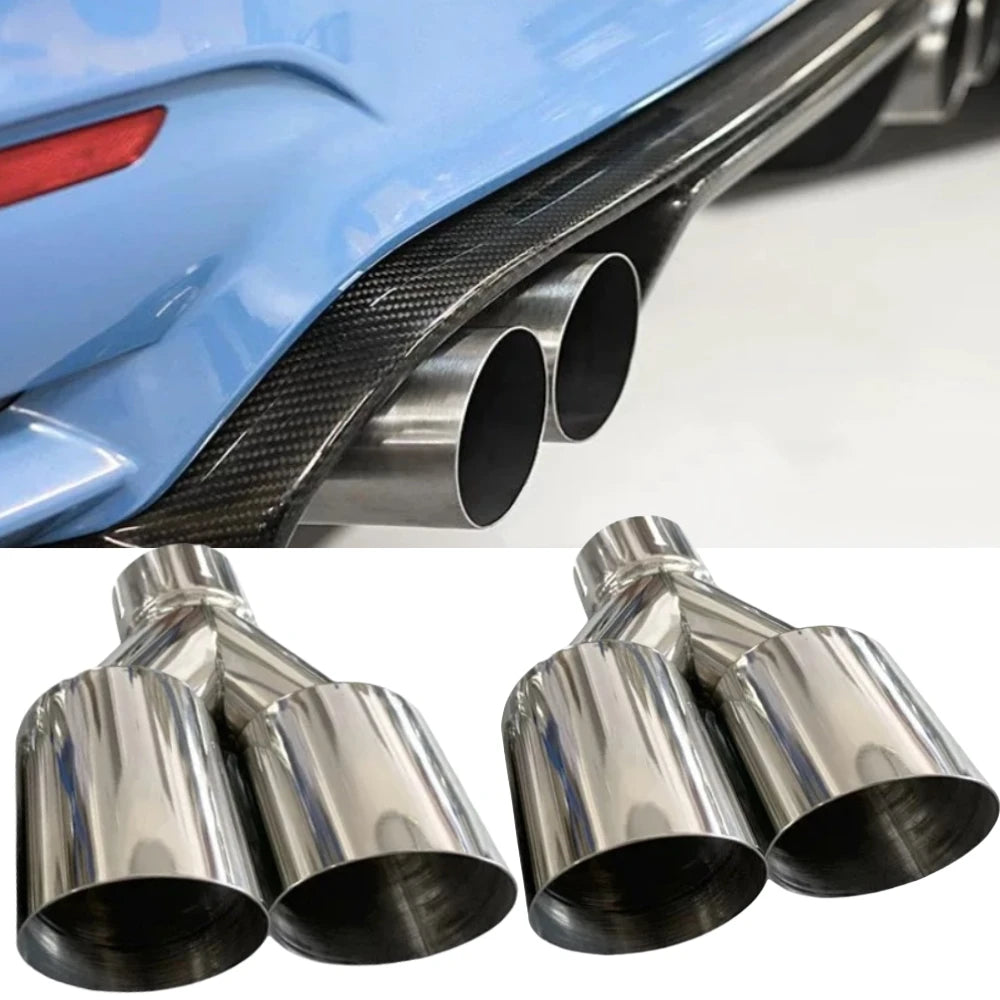 Genuine Double Exhaust Tip Stainless Steel Straight Edge Polished Silver Welding Muffler Tail Pi - Automotive LED Light