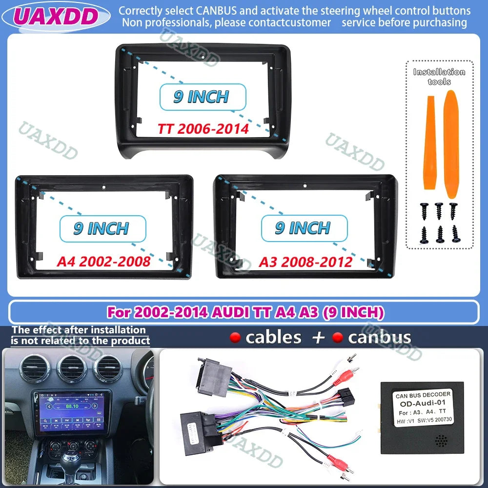 For 2002-2014 AUDI TT A3 A4 9INCH 2 Din Car stereo radio Android frame panel fascia cable