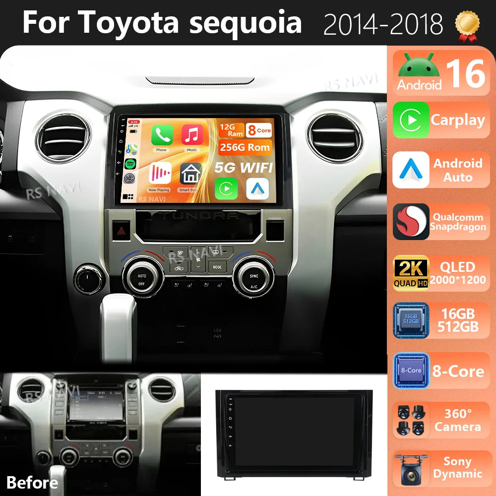 Android 16 Carplay Auto Qualcomm 2K QLED Screen Car Radio Player For Toyota sequoia 2014 -