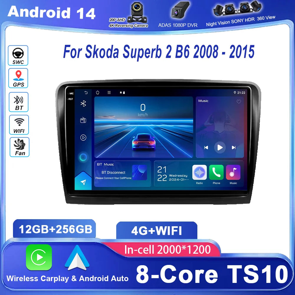 Car Android 15 Radio Stereo For Skoda Superb 2 B6 2008 - 2015 Auto Multimidia Video Player