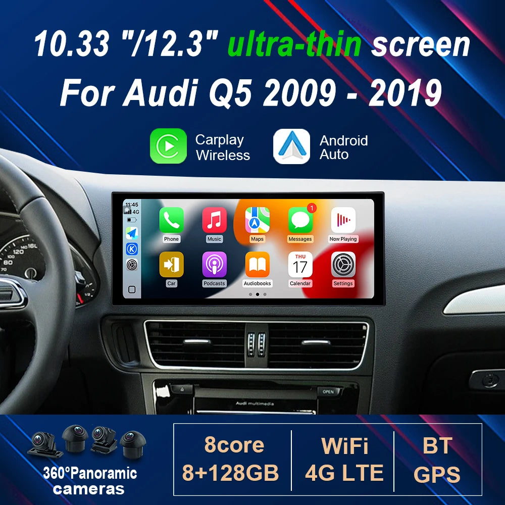 10.33 "/12.3" Android 14 Car Radio Video Multimedia Player for Audi Q5 2009 - 2019 Wireles