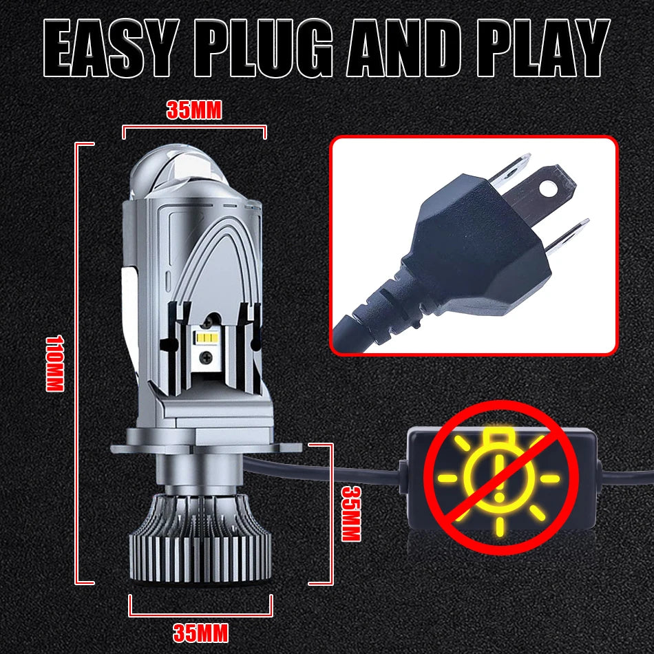 H4 LED Projector Lens Headlight Car LED Headlight Canbus 6000K Hi/Lo Beam Bulb with Turbo