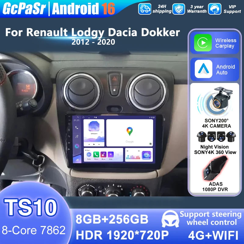 Android 16 For Renault Lodgy Dacia Dokker 2012 - 2020 Android auto Screen Car Stereo Radio