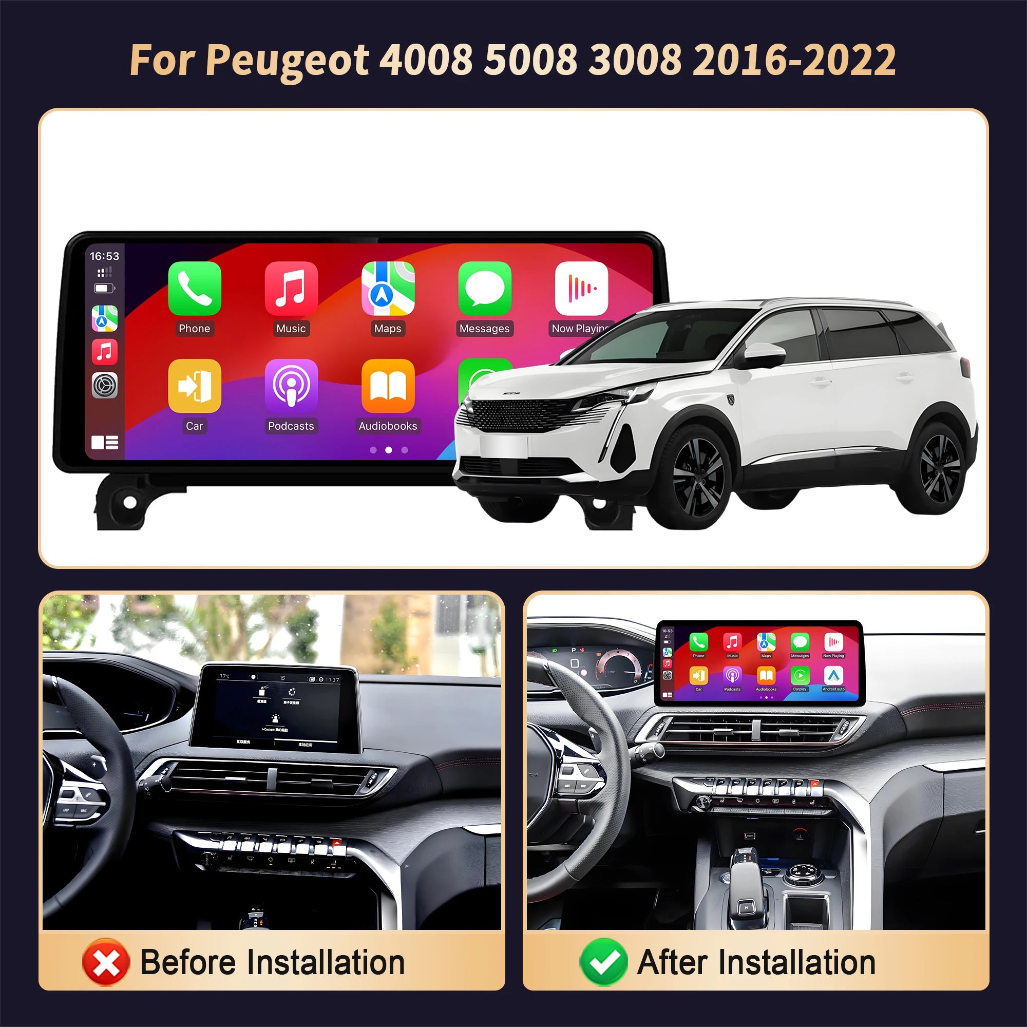 12.3 inch For Peugeot 4008 5008 3008 2016-2020 2021 2022 Wireless BT Carplay Car Radio Mul