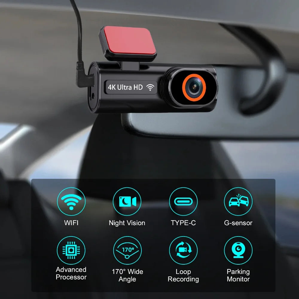 Ultra HD 4K Car Front Dash Cam Mini WIFI DVR Black Box Room With 24H Parking Monitor Night Vision,GPS/Rear View Camera Optional