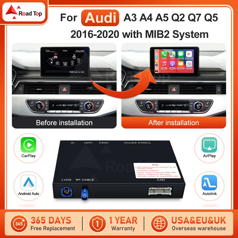 Road Top Wireless CarPlay For Audi A3 A4 A5 Q2 Q7 Q5 2016-2020 with Android Auto Mirror Li | AUTOKITSHOP