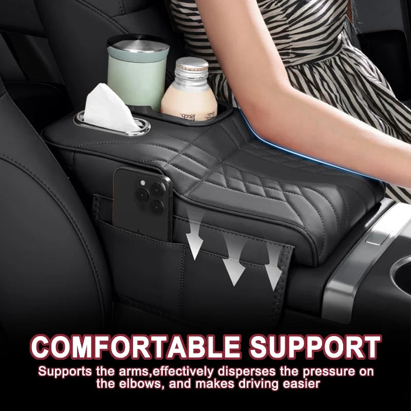 Wear-Resistant Car Armrest Box Booster Pad Dustproof Center Console Cover with Cup Tissue Pocket - Automotive LED Light