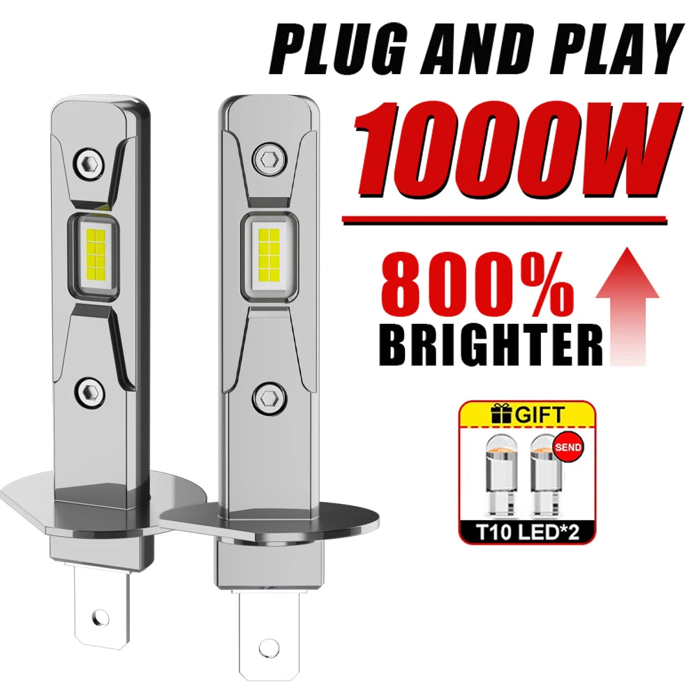 H1 LED Headlights 600000LM 6000K 1000W 16PCS 9084 CSP High Low Beam Turbo Auto Light 1:1 F