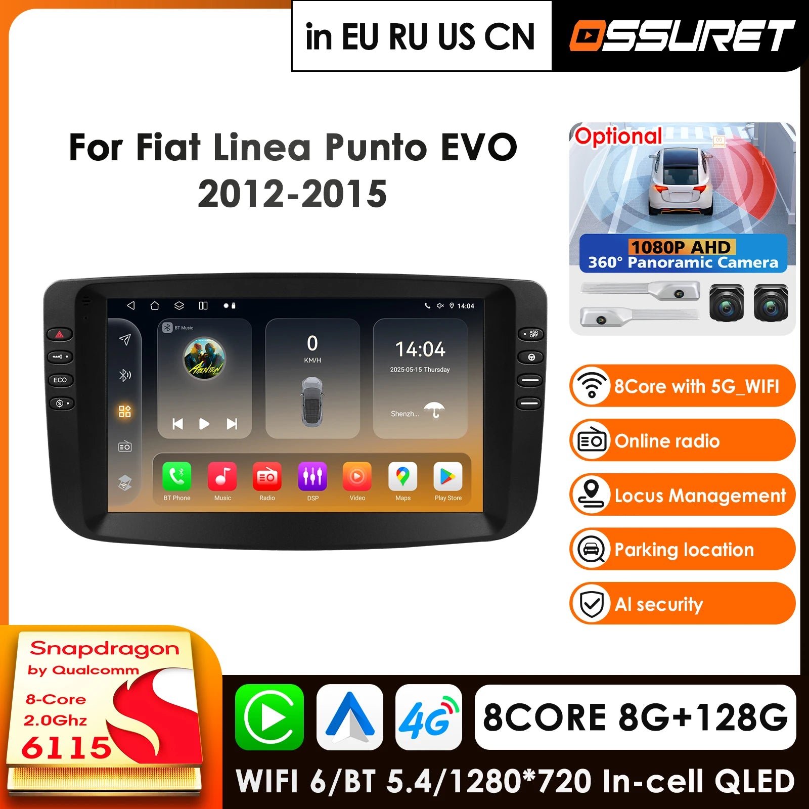 2Din Android Car Radio GPS for Fiat Linea 2012-2015 Punto EVO - DSP Carplay 4G LTE RDS AI Voice 8Core 360 Camera
