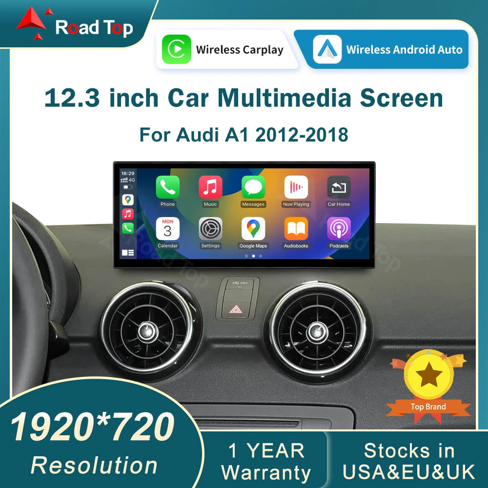 EU RoadTop 12.3 inch Ultra-thin IPS Screen For Audi A1 2012-2018 Wireless CarPlay Multimed