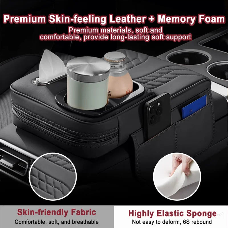 Wear-Resistant Car Armrest Box Booster Pad Dustproof Center Console Cover with Cup Tissue Pocket - Automotive LED Light