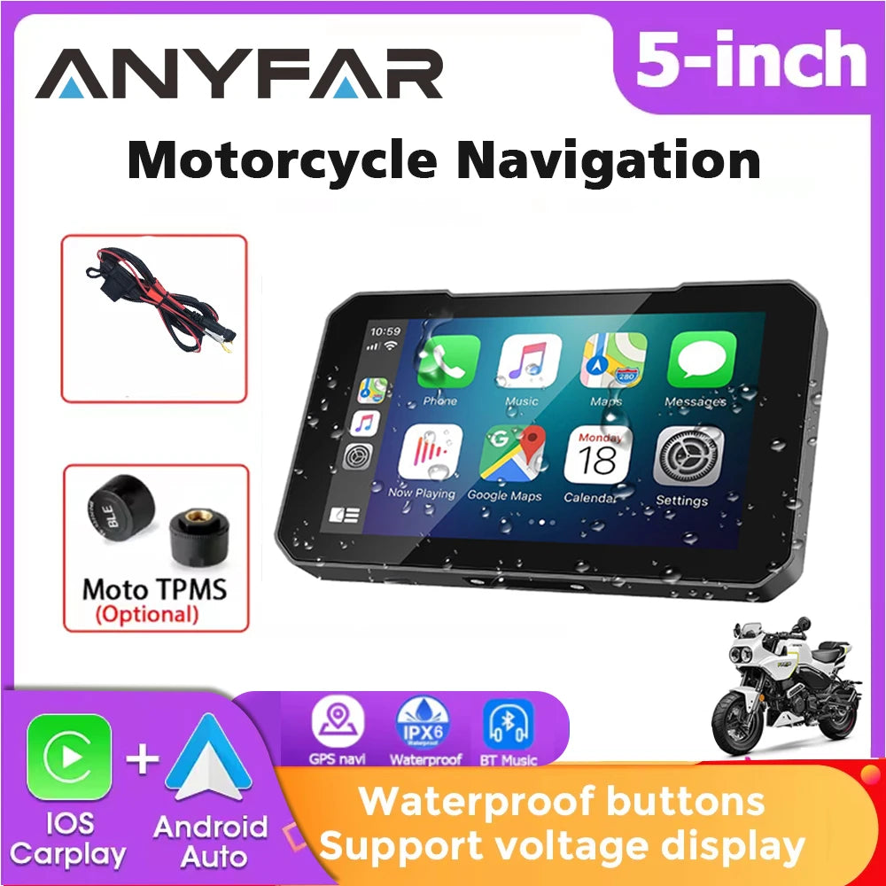 5'' Wireless Carplay Android Auto Motorcycle Monitor IP67 Waterproof GPS Navigation Portab
