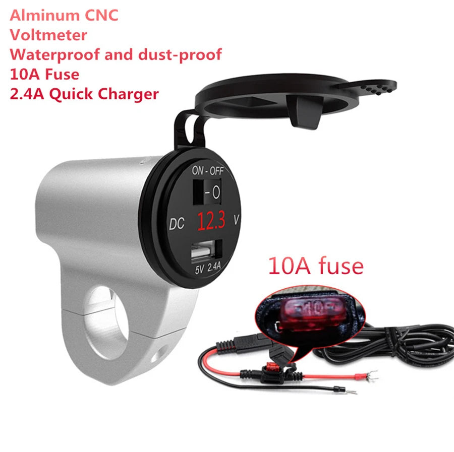 12V Waterproof CNC Motorcycle Bikes USB Charger Power Adapter Voltage Meter Red