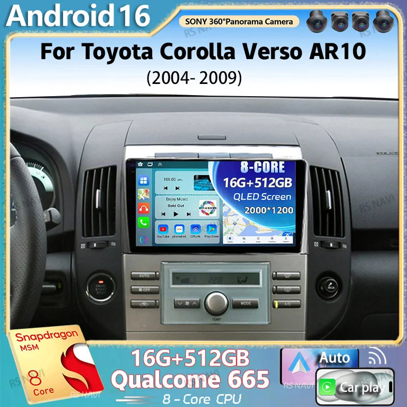 Android 16 For Toyota Corolla Verso AR10 2004-2009 2K QLED Android Car Radio Multimedia Vi