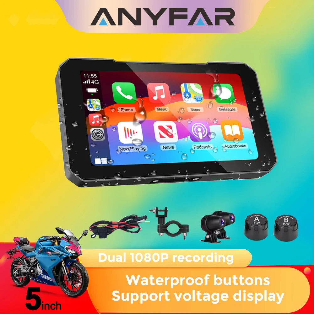 5inch Motorcycle Screen Moto DVR GPS Navigation Wireless Carplay Android Auto IP67 Waterpr