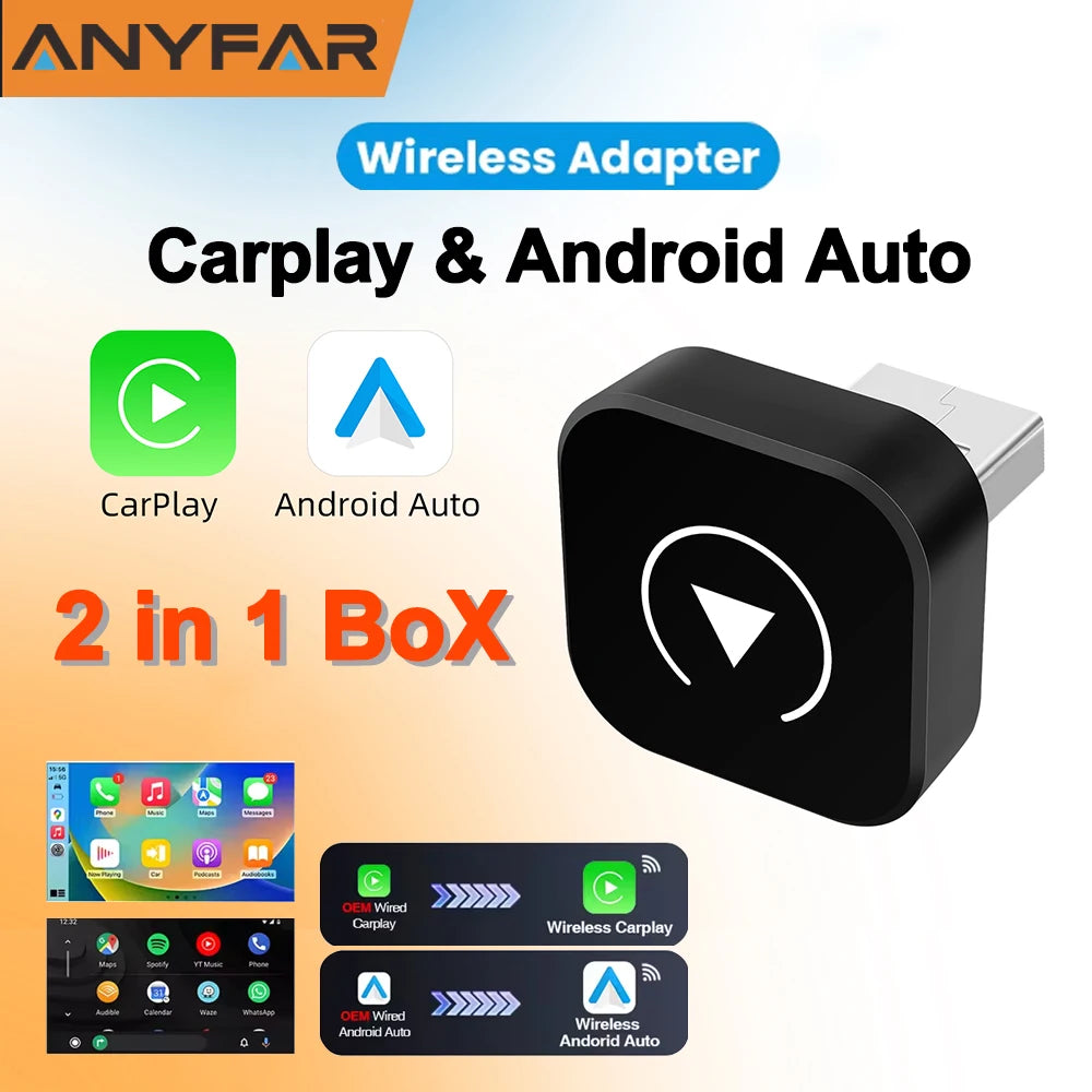 Mini Wireless 2 in1 Carplay Adapter for Android iPhone Auto Wired to Wireless AI Box USB C