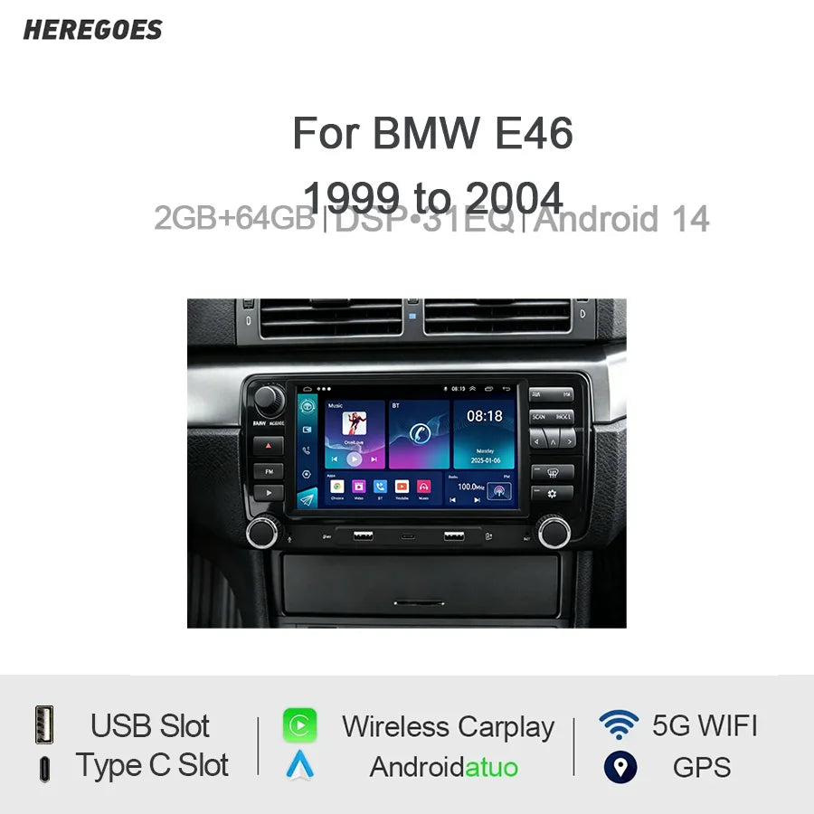 7" Android Car Radio GPS for BMW E46 1999-2004 Wireless CarPlay Android Auto Bluetooth Steering Control - Type-C 2GB 64G