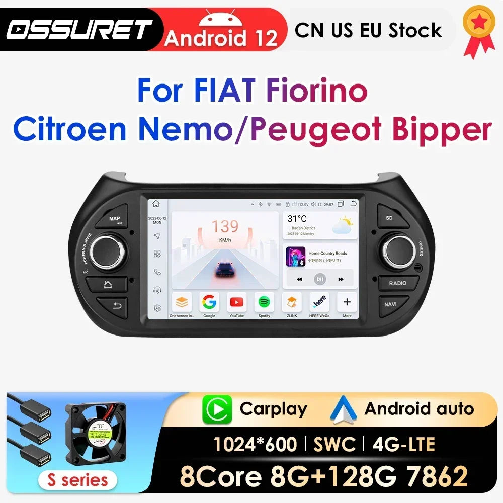 OSSURET Carplay Android Auto Car Radio for Fiat Fiorino / Citroen Nemo / Peugeot Bipper Ca