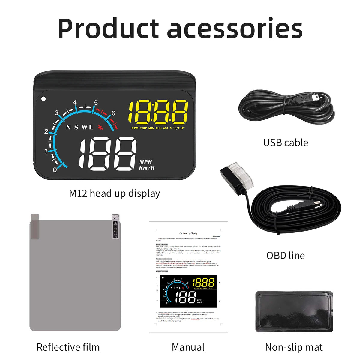 M12 HUD Windshield Projector OBD+GPS Car Head Up Display Speedometer Reflective Water temp RPM V - Automotive LED Light