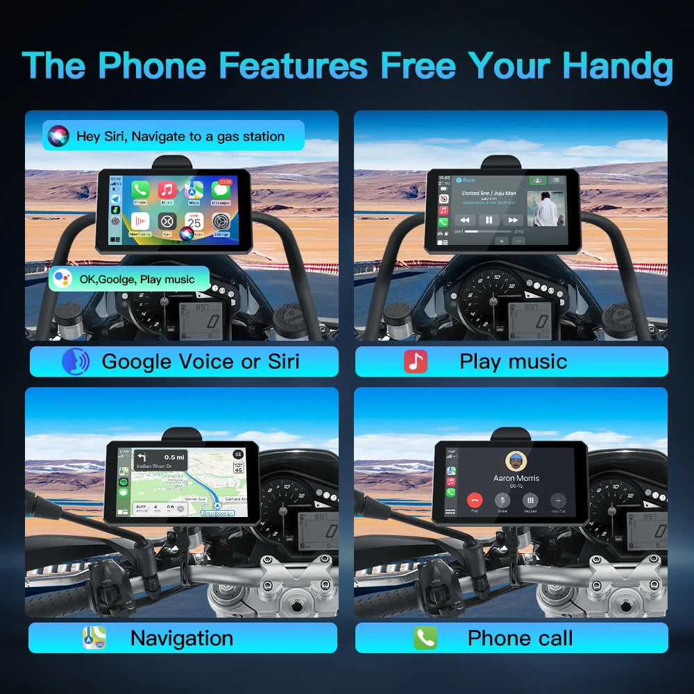 CARABC 7 inch Portable Wireless Carplay Android Auto Motorcycle GPS Navigation IP68 Waterp