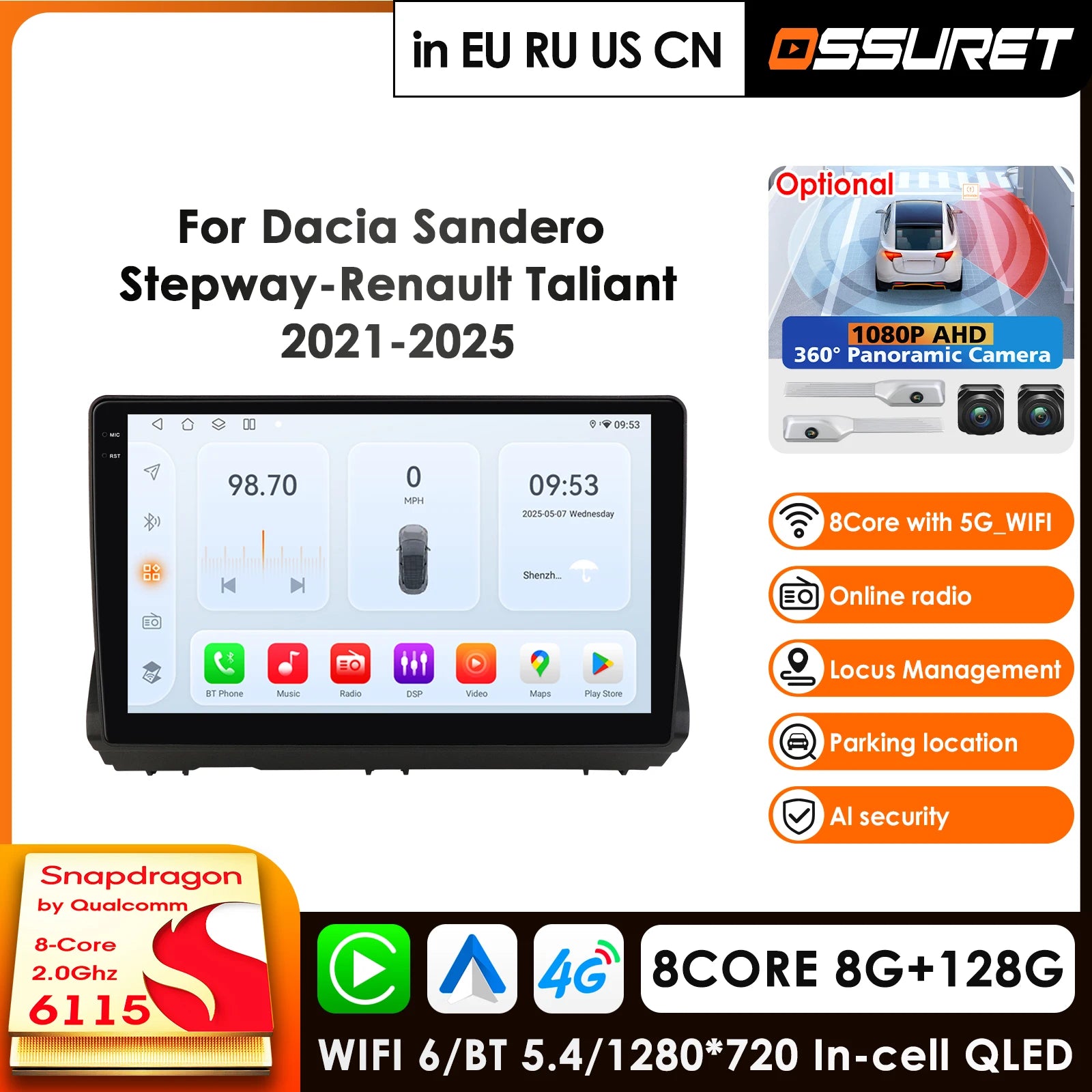 10.1" Carplay 4G 2Din Android 14 Car Radio GPS for Dacia Sandreo Stepway Renault Taliant 2021-2025 - Snapdragon 8Core 36