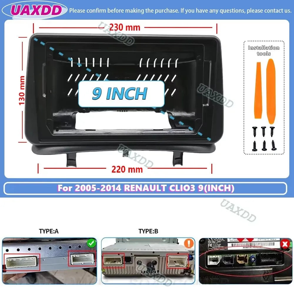 2 Din Car Android For 2005-2014 RENAULT CLIO3 9INCH frame CD fascia cable harness adapter
