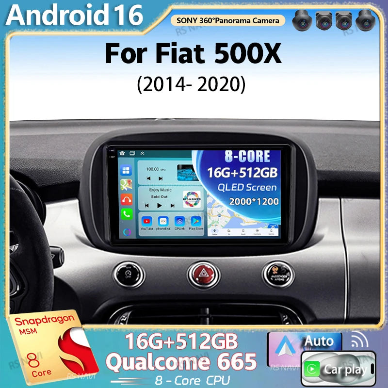 Android 16 For Fiat 500X 2014 - 2020 2K QLED Android Car Radio Multimedia Video Player GPS